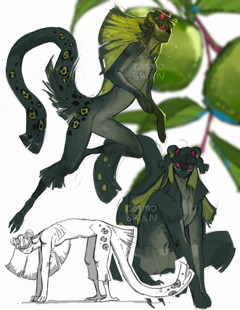A sketch page of a humanoid creature with slender proportions and dark green fur. He has a long tail similar to a snow leopard’s, magenta eyes, the hind feet of a bird and paws on his front feet. He has long, straight hair, cat ears, and looks serious.