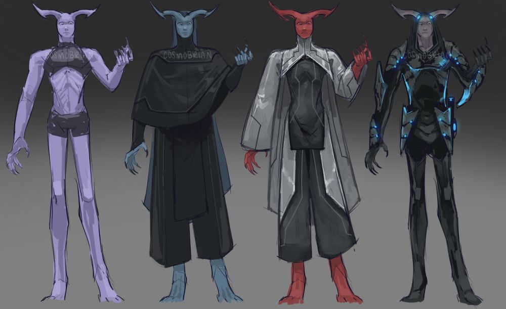 Four tall humanoids with horizontal-stretching horns. They’re wearing an assortment of monochrome, semi-futuristic outfits.