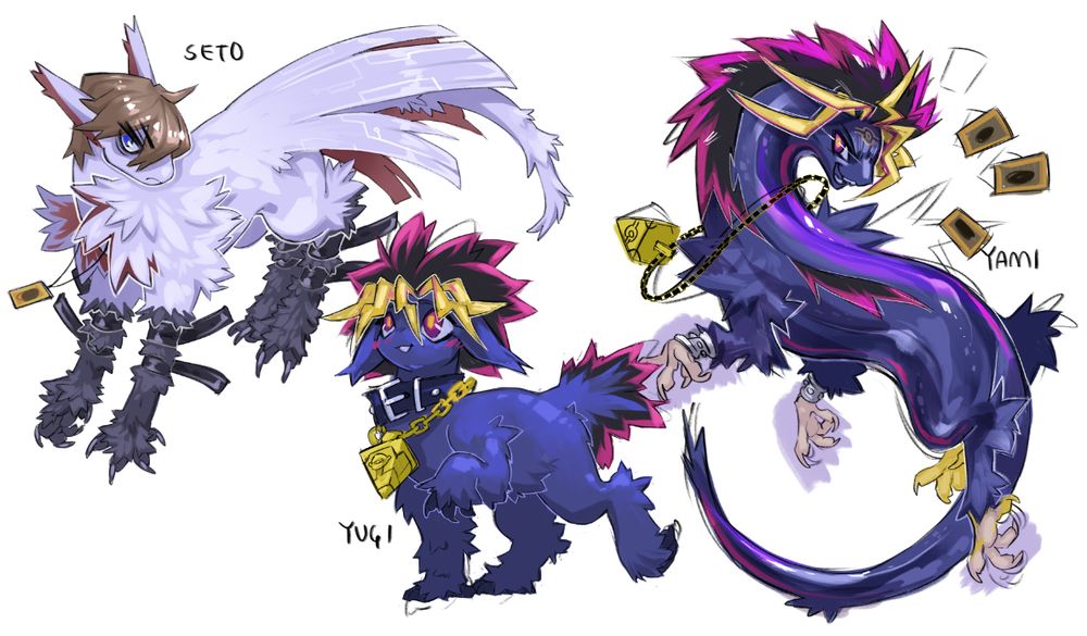 Seto kaiba, yugi muto and Atem from yugioh as Starlyngs, a semi-closed species of quadrupedal, birdlike creatures from space