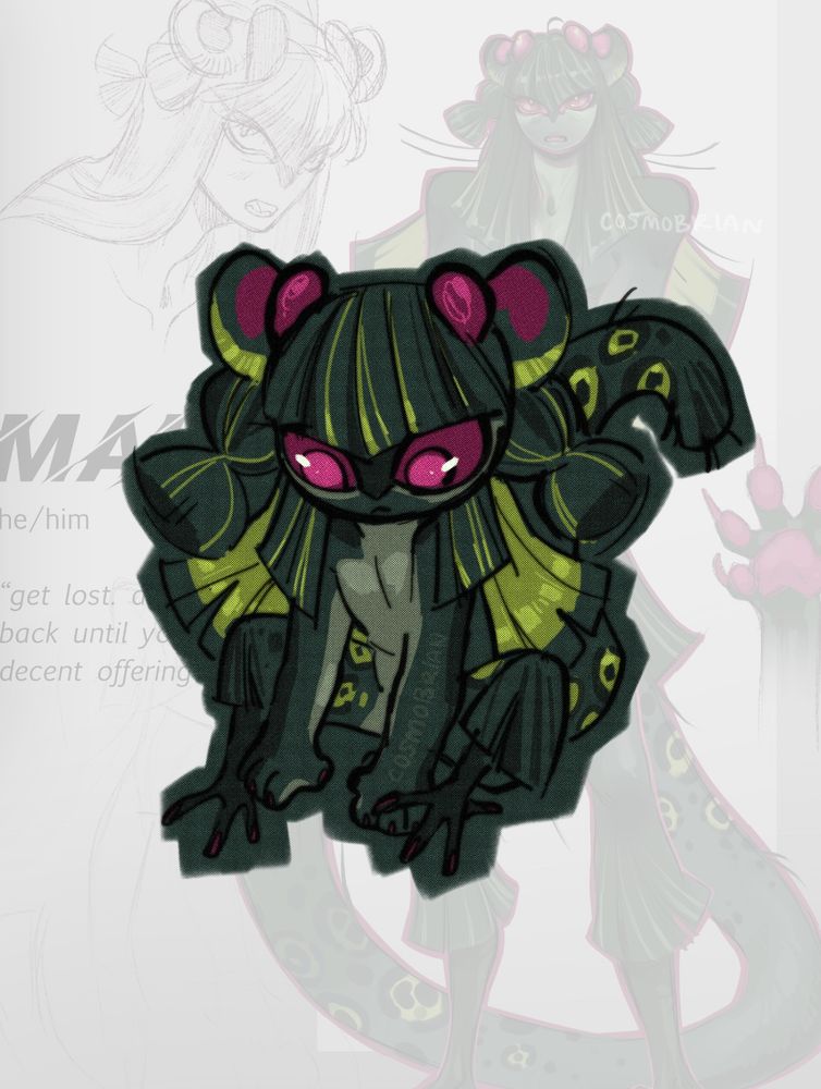 A chibi version of the same green catlike creature, this time sitting and looking down at the ground between his feet.