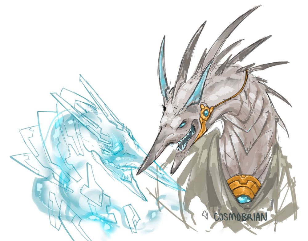A brown, long-nosed dragon with bright blue eyes and pointed spikes down his neck. He’s looking to the side, at a bright blue hologram version of a similar dragon to himself.