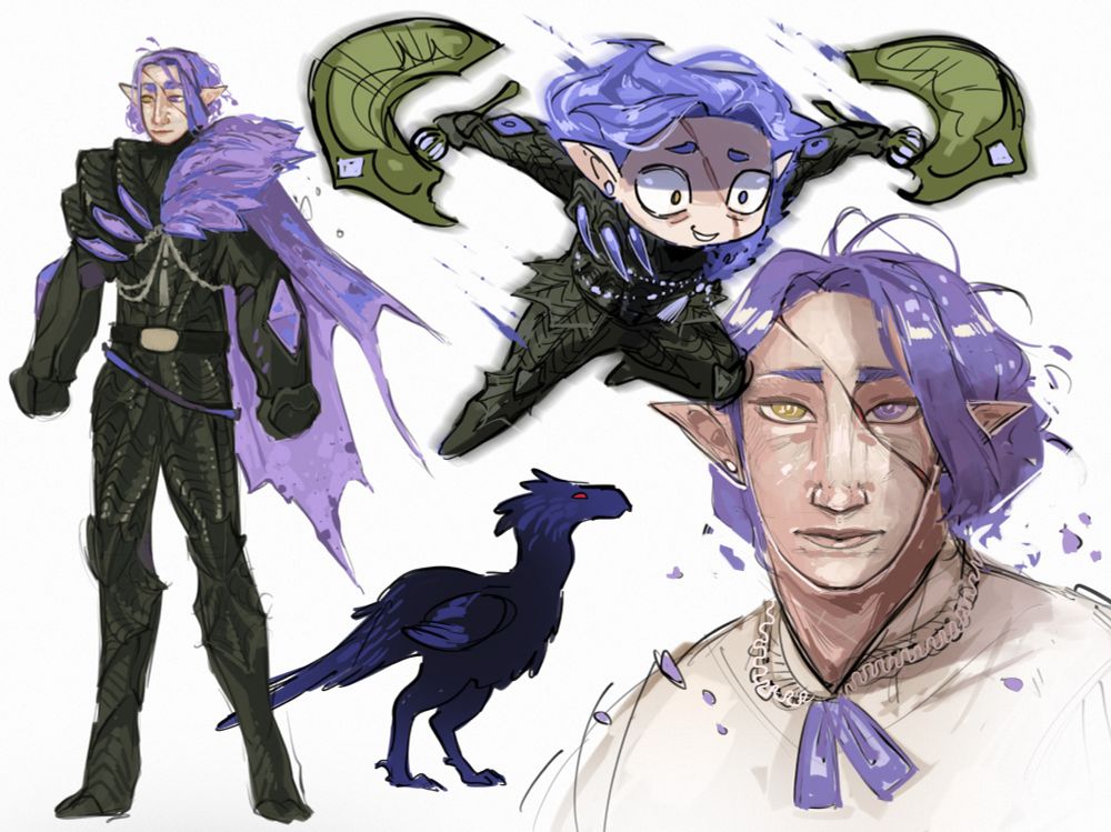 A sketch page of a man with pale skin and light purple hair in a bob cut. His ears are pointed, his right eye is yellow and his left eye is purple. There’s a diagonal scar across his face, and he wears black armor with purple details. He wields dual blades.