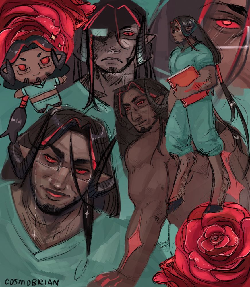 A page of sketches of Rubi, a man with red eyes, curled ram’s horns and long dark brown hair with two red streaks. He has brown skin, rectangular glasses, and is wearing teal medical scrubs. 