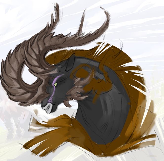 A bust of a Cirrus dragon from Flight Rising. It is a black equine dragon with a brown mane, and large curving dark brown horns.