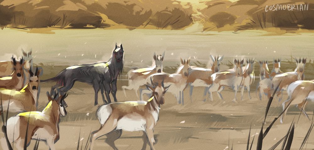 A digital painting of pronghorn antelope walking across a sunny grassland. In the midst of the herd is a taller horselike creature with two sets of front legs, looking at the viewer