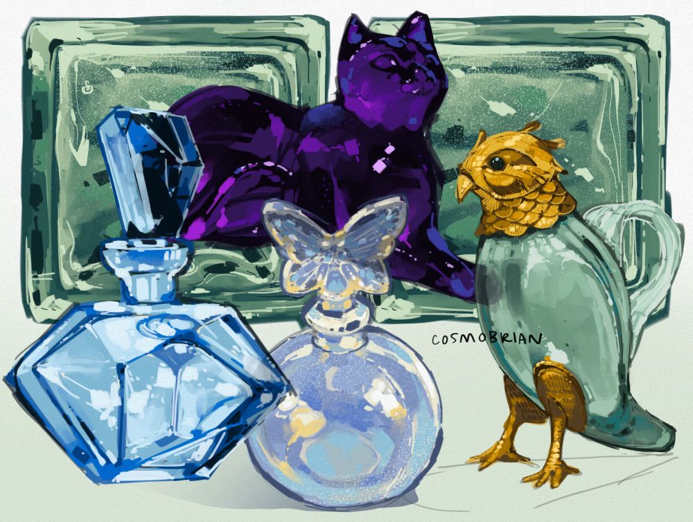 A page of digital painting sketches of various glass objects. There are two square glass panes, an angular blue bottle, a circular blue bottle with a butterfly-shaped stopper, a dark purple cat figurine, and a bottle in the shape of a bird’s body standing on brass bird feet with a brass lid in the shape of a bird head.