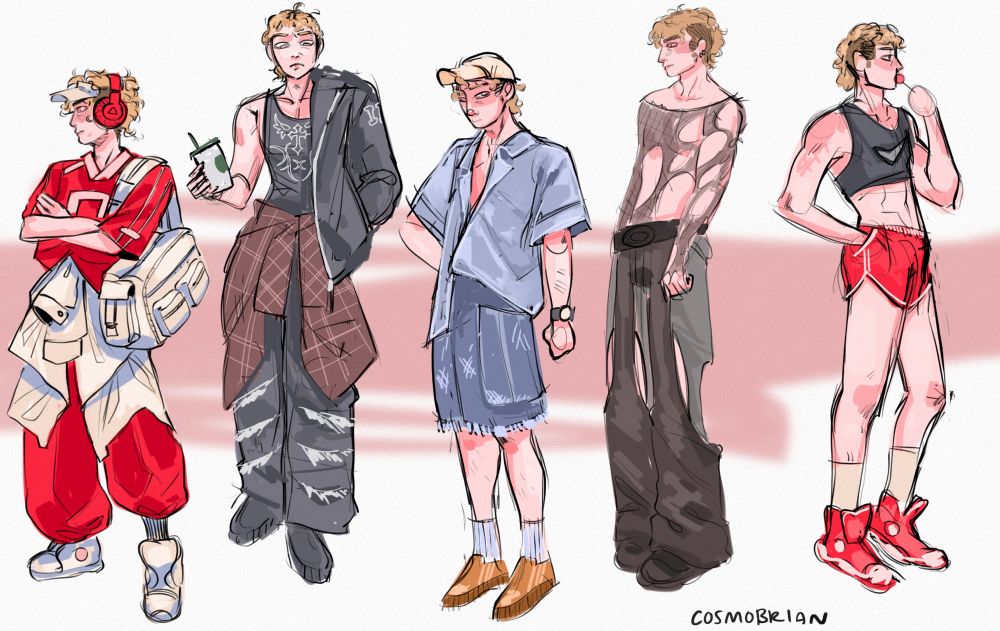 Five sketches of a blond man wearing different outfits in shades of red, blue and black. His hair is blond and curly, shaved on the sides to show natural brown roots.