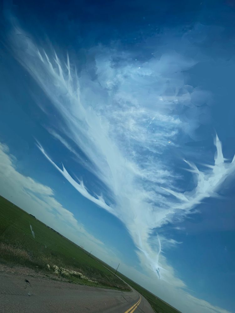 A photo of a clear blue sky, on a two lane road with flat green fields on either side. Clouds in the sky have been painted over to include dragon wings, a head and tail.