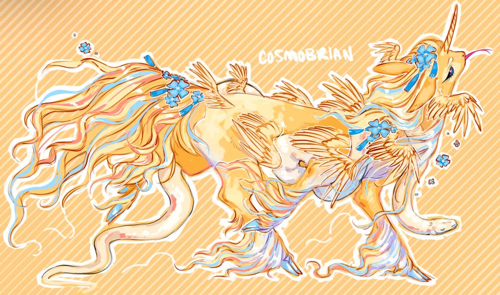 A pastel-colored unicorn with small wings down their back and blue flowers in their mane and tail. An albino ball python curls around their neck.