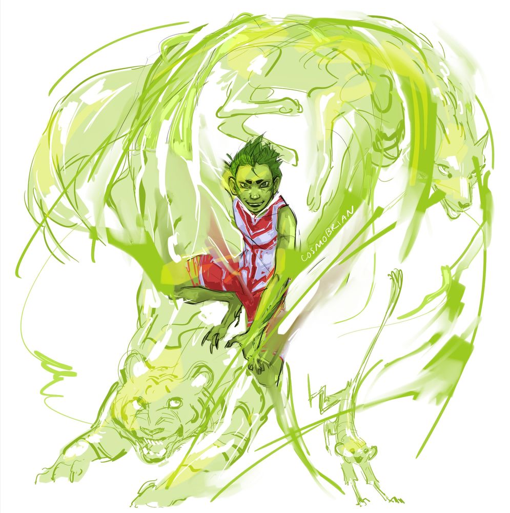 Beast Boy from Teen Titans posing midair, surrounded by transparent green apparitions of a monkey, wolf and a tiger.
