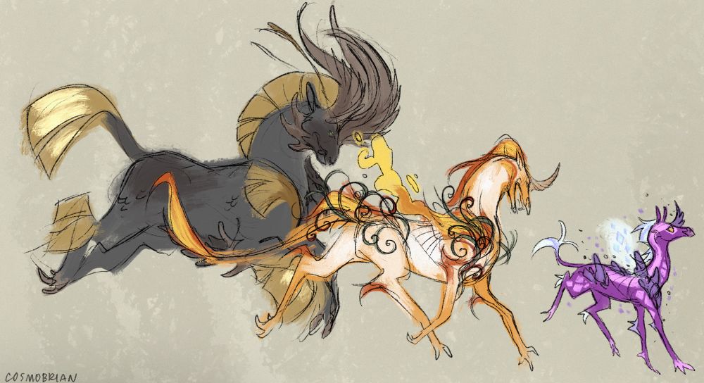 Three Cirrus dragons from Flight Rising, mid-trot. One is large, bulky and has curving brown horns. It is black, with a short brown mane and tail. One is smaller and slender like an Arabian, with an orange coat and spiraling ornamental decorations at its shoulder and hip. The third is a small purple foal.