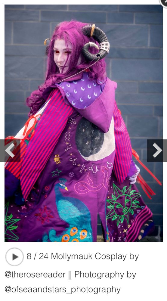 screenshot from the critical role cosplay gallery. it’s a photo of myself cosplaying mollymauk tealeaf from critical role, taken by @ofseaandstars.co.uk