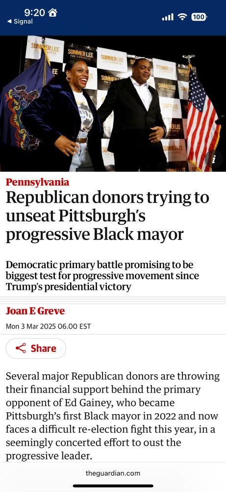 Screenshot of a Guardian Article with the headline Republican donors trying to unseat Pittsburgh’s progressive Black mayor
