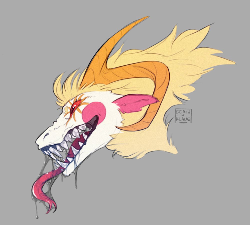 Side profile of goat-like creature, except it has large fangs and a forked tongue. His mouth is open in a snarl. Monster Lucifer has split golden horns, and a blond mane 