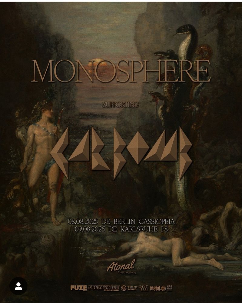 Tourplakat für Car Bomb mit Monosphere als Support. 08.08.25 in Berlin (Cassiopeia) und 09.08.25 in Karlsruhe (P8) 