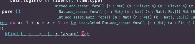 screenshot of a snippet of Lean code running a tactic bfind, with a head pattern and a string and a nat and returning a list of debug results about matching theorems.