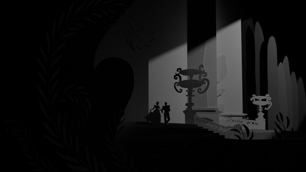 a rendered Blender illustration of Cinderella and her Prince running away into the garden at night. The image is made of many flat cut-out pieces layered on top of one another and then hand painted.