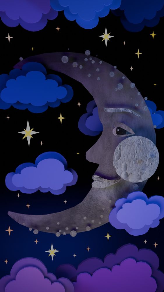 A rendered image of a crescent moon with the face of a man surrounded by clouds and stars. Everything is made of many flat cut-out pieces layered on top of one another.