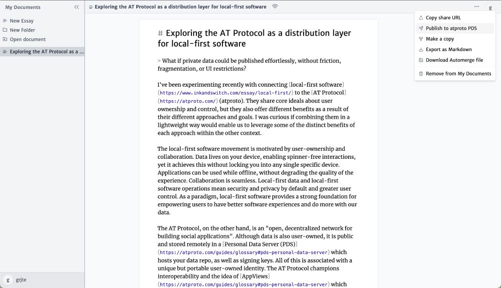A view of the local-first Groundmist Editor application for drafting and editing markdown documents before publishing them to atproto