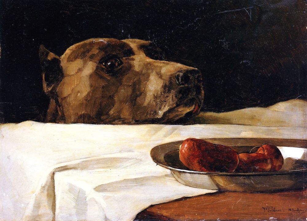The painting 'Dog with Plate of Sausages (also known as Caesar at the Rubicon)' by Wilhelm Trübner. 

In a somewhat painterly style, where you can see individual brush strokes melding together, the painting shows a dog's head peeking up over the side of a wooden table with a bunched-up white tablecloth. The dog, who has short brown fur and small pointed ears, is staring intently at a plate of sausages.
