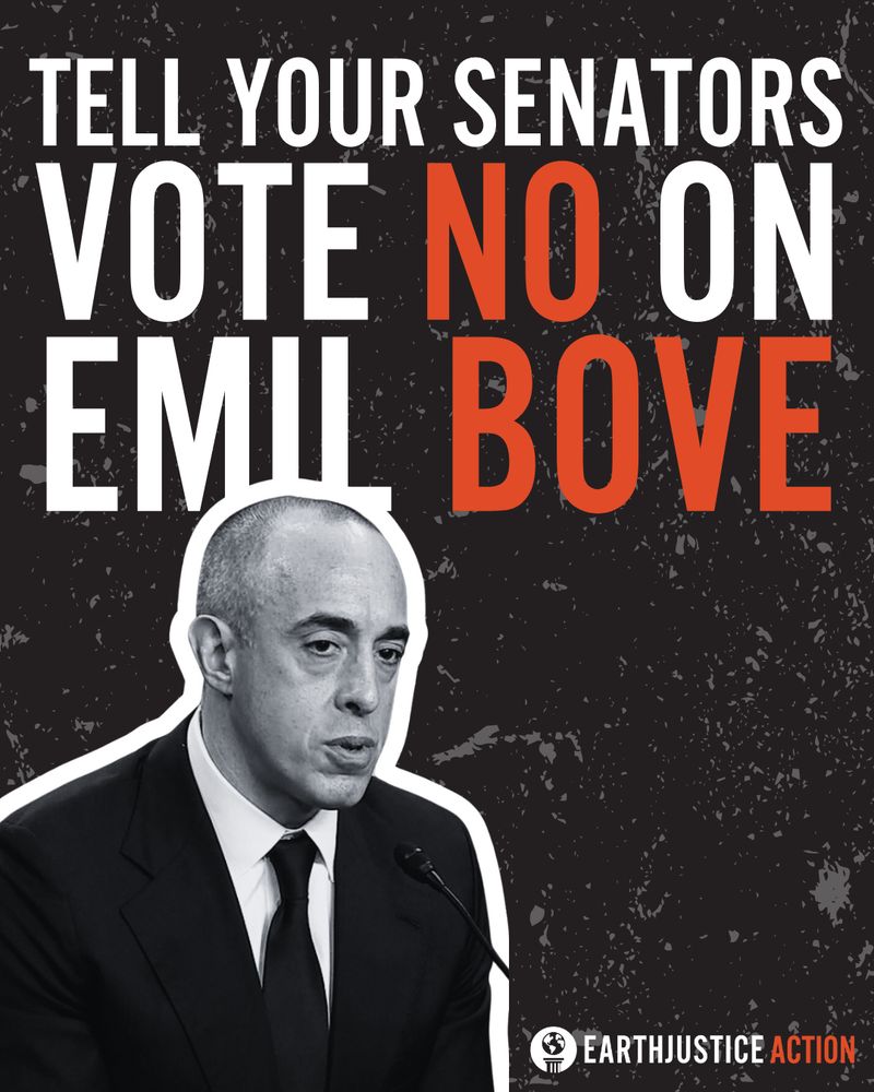 A black-and-white photo of Emil Bove at his confirmation hearing. Text above and behind him says, "Tell your senators vote no on Emil Bove."