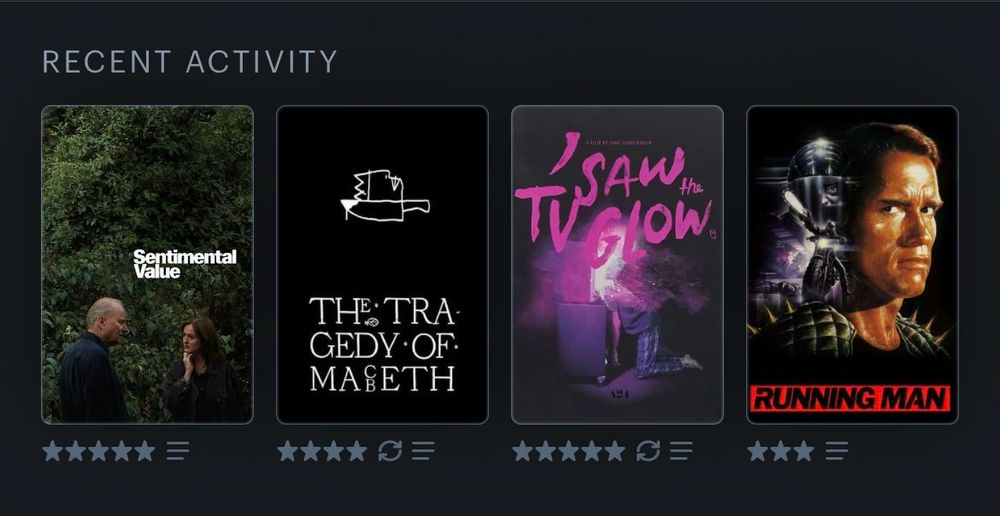 Sentimental Value - 5 Stars
The Tragedy of Macbeth - 4 Stars
I Saw the TV Glow - 5 Stars
The Running Man (1987) - 3 Stars