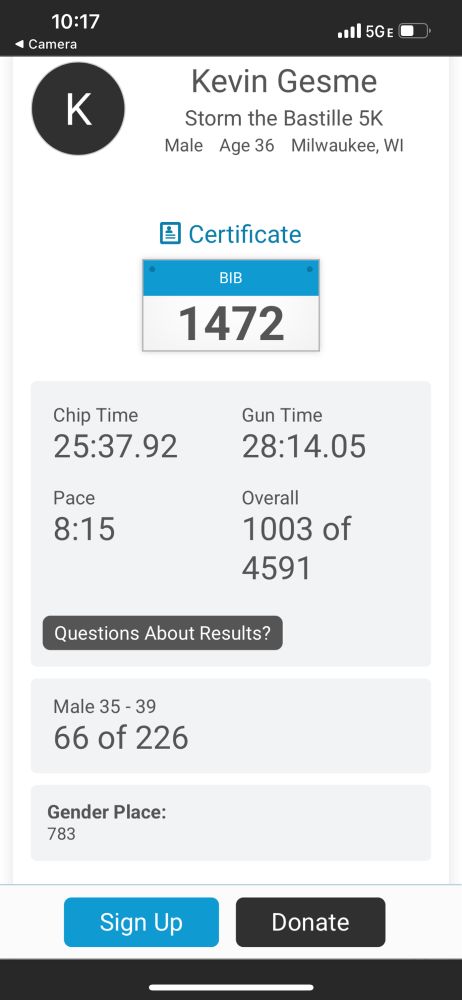 Storm the Bastille 5K - time 25:37 