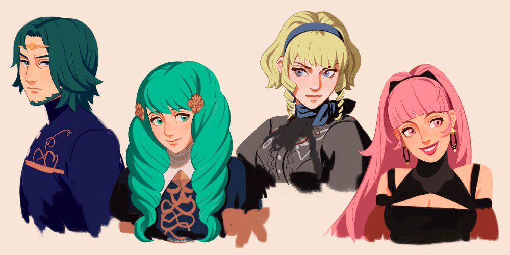 bust sketches of seteth, flayn, pre-timeskip constance, and post-timeskip hilda.