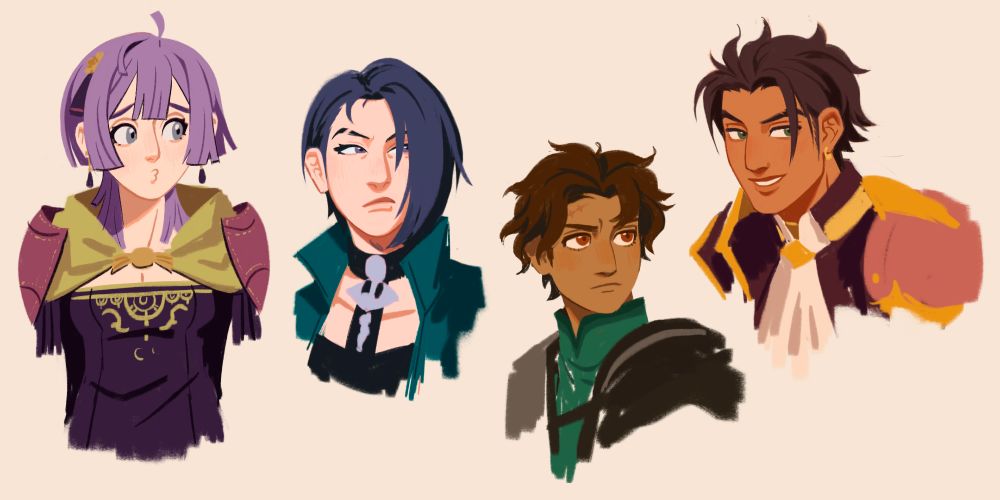 bust sketches of post-timeskip bernadetta, shamir, post-timeskip cyril, and three hopes claude.