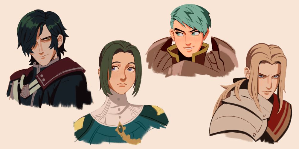 bust sketches of three hopes hubert, three hopes linhardt, post-timeskip caspar, and jeritza.