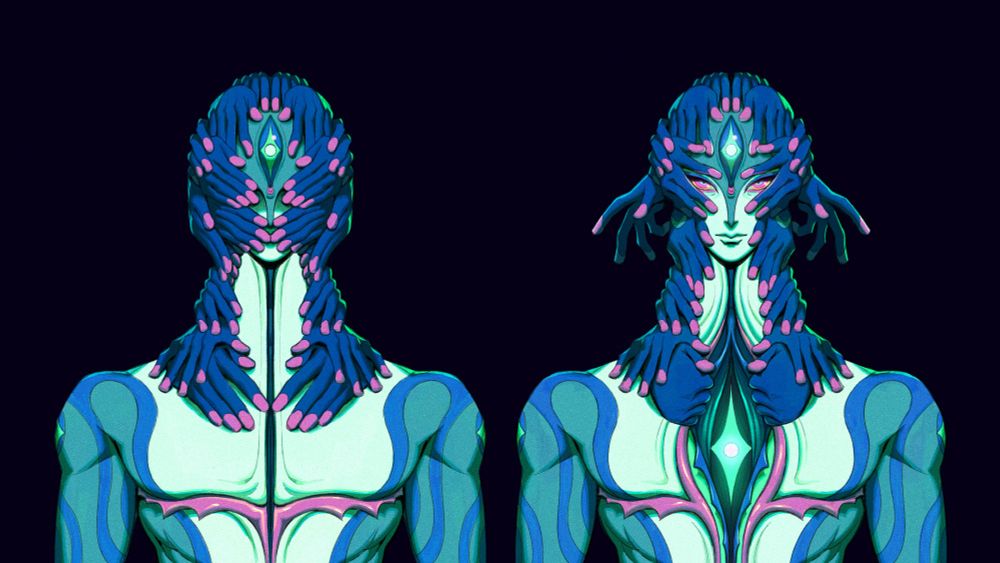 A and B state drawings of my oc, sahatsawat—a humanoid alien-like being with hands that cascade over their head and around the shoulders like hair. in the A state, the hands cover their face and obscure the features except for the open third eye on their forehead. in the B state, the hands slide away to reveal the face. a pair of hands flare out to the sides of the head; another pair of hands around the shoulders pulls open a long split in the skin that begins at the neck and trails down the abdomen. inside the chest cavity is a glowing diamond shape.