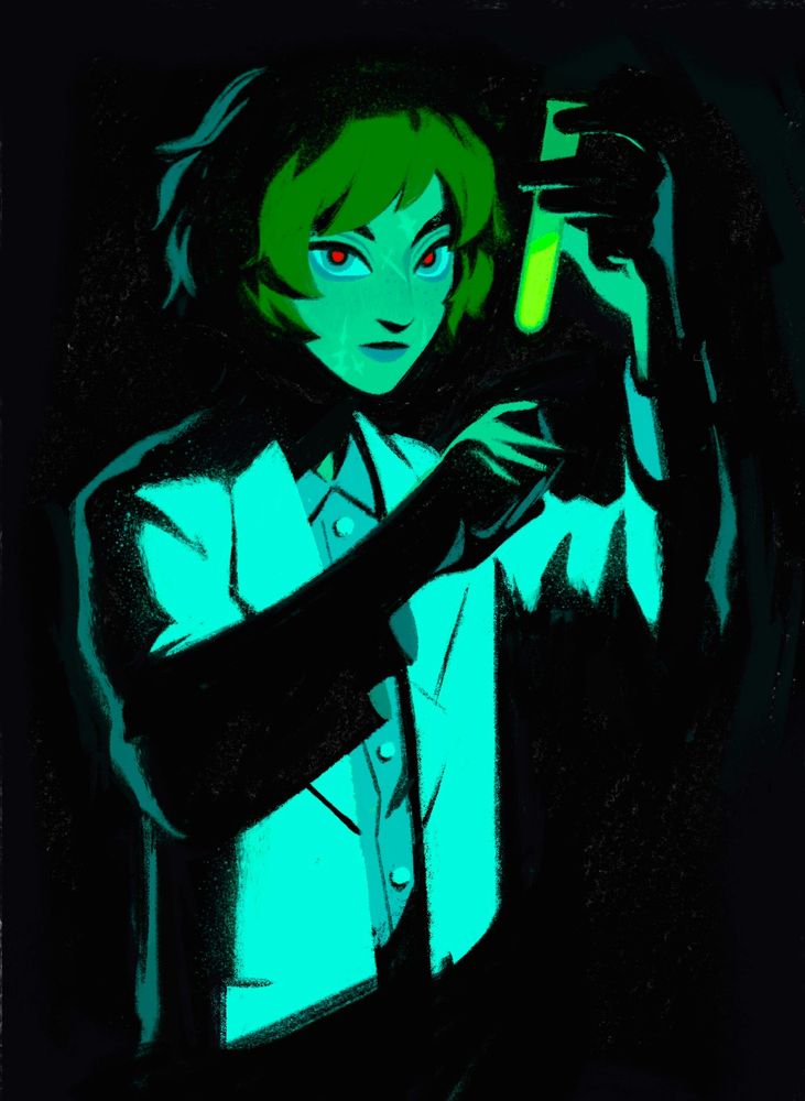 a drawing of my OC—max—standing in complete darkness, illuminated only by the test tube he holds filled with a glowing, neon green fluid. he looks directly at camera with an expressionless stare, paused mid-action as though he's been interrupted in the midst of something important.