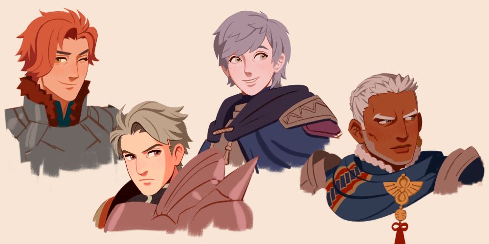 bust sketches of post-timeskip sylvain, randolph, three hopes ashe, and three hopes dedue.