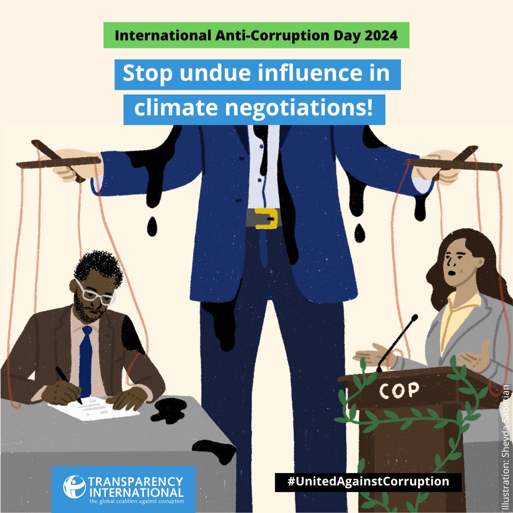 The image shows a suited puppet master (representing corporate interests) that controls the strings of 2 climate decision-makers. The corporate interest is covered in dark oil, as well as some papers and the table where some deals are signed.