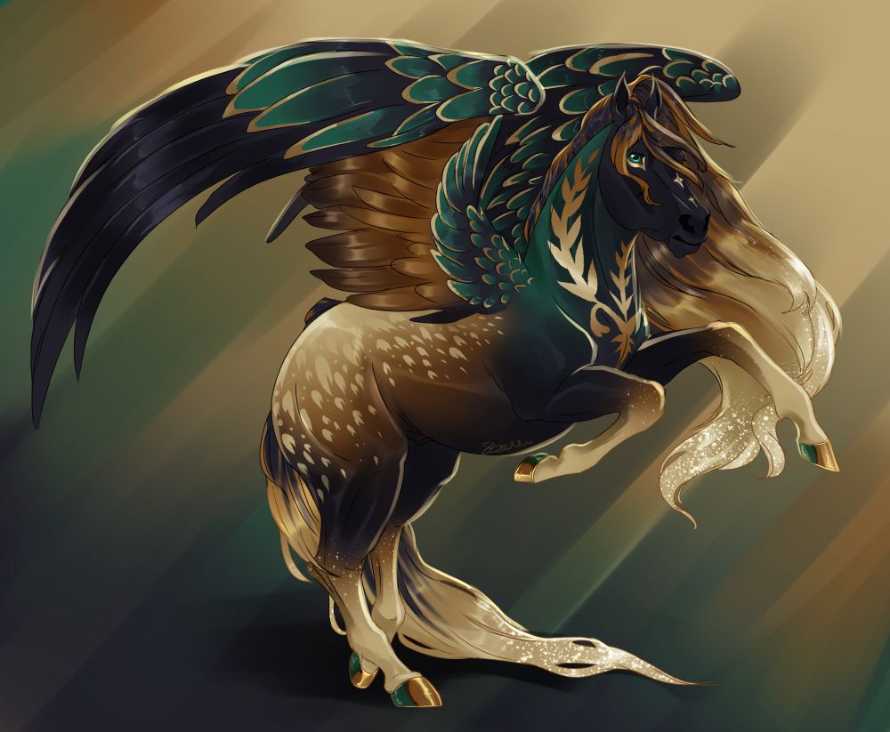 A rearing pegasus with black, brown, green colours, and gold highlight and markings on the coat and wings. Mane and tail start black at the base with a brown sheen, and quickly fade into a flaxen gold colour.