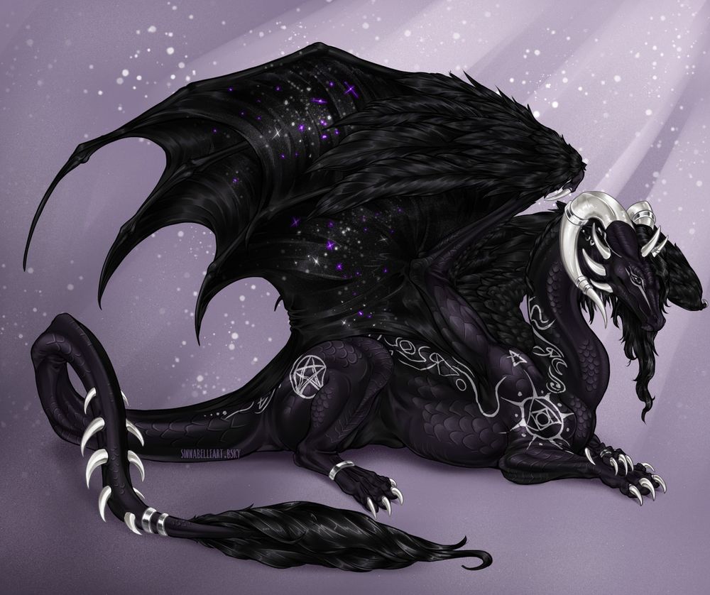 A black dragon with a purple iridescent sheen, lying down on all fours, its wings raised and partially folded in. The dragon sports white horns, claws, and spines, black hair on the tail and head, and has silver alchemical-like markings running across the body. He also has various silver jewelry on the tail, legs, and horns.