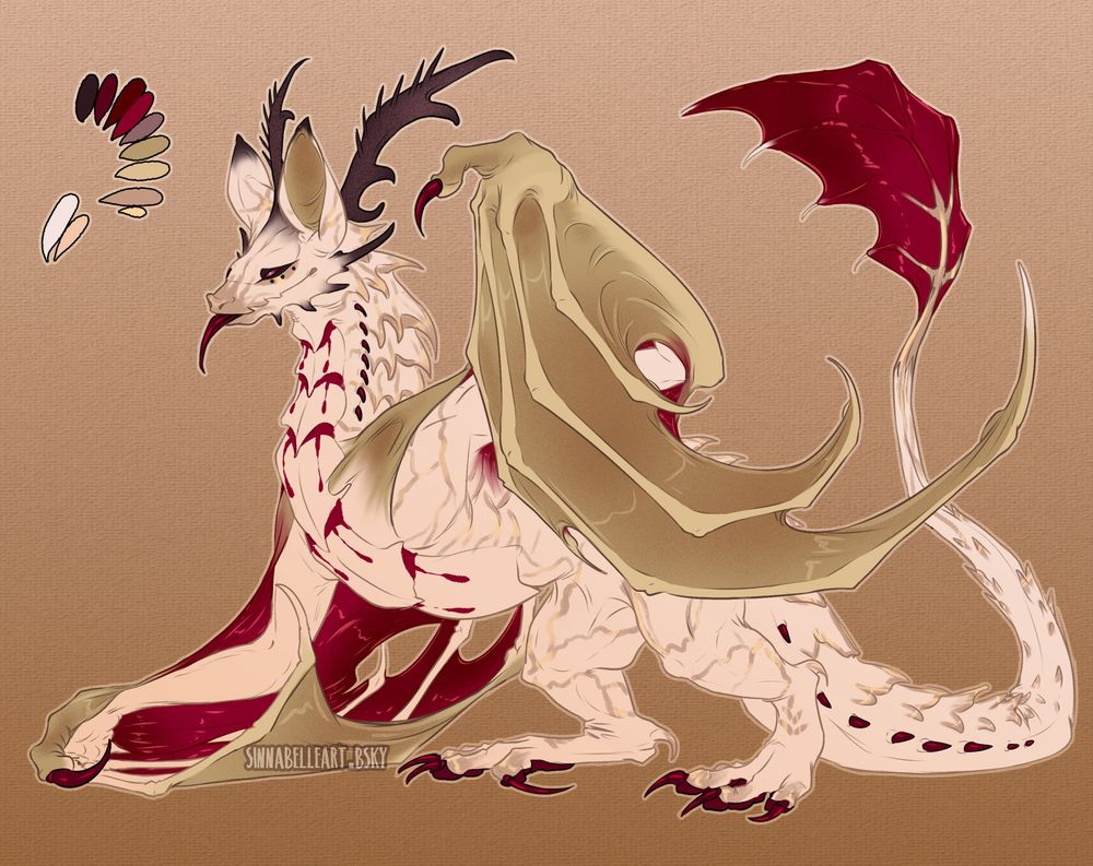 Side-profile of a fullbody artwork of a wyvern/dragon with some bat-like features. Back wing is planted on the ground keeping the dragon standing up. Front wing is partially raised and curved inward, showing its dorsal side.