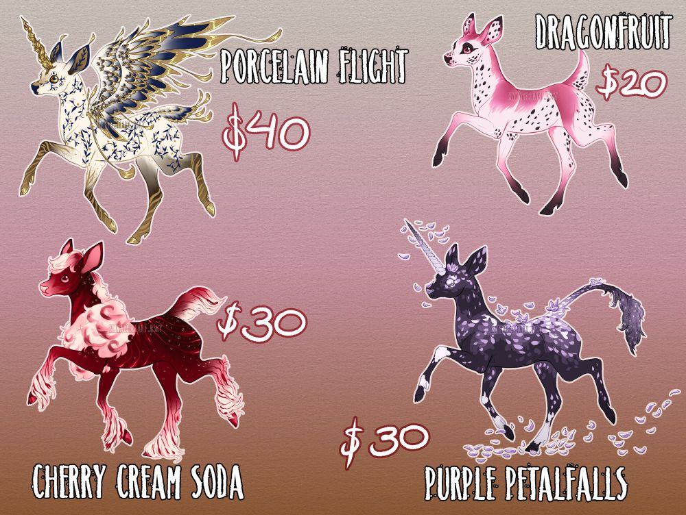 4 flat coloured deer adopts. From left to right, top to bottom: Porcelain Flight (40 USD), Dragonfruit (20 USD), Cherry Cream Soda (30 USD), and Purple Petalfalls (30 USD).