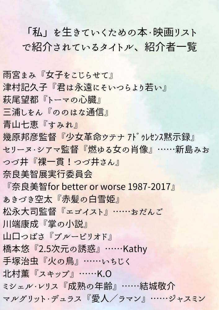 「私」を生きていくための本・映画リスト　
で紹介されているタイトル、紹介者一覧

雨宮まみ『女子をこじらせて』
津村記久子『君は永遠にそいつらより若い』
萩尾望都『トーマの心臓』
三浦しをん『ののはな通信』
青山七恵『すみれ』
幾原邦彦監督『少女革命ウテナ ｱﾄﾞｩﾚｾﾝｽ黙示録』
セリーヌ・シアマ監督『燃ゆる女の肖像』……新島みお
つづ井『裸一貫！つづ井さん』
奈良美智展実行委員会
『奈良美智for better or worse 1987-2017』
あきづき空太『赤髪の白雪姫』
松永大司監督『エゴイスト』……おだんご
川端康成『掌の小説』
山口つばさ『ブルーピリオド』
橋本悠『2.5次元の誘惑』……Kathy
手塚治虫『火の鳥』……いちじく
北村薫『スキップ』……K.O
ミシェル・レリス『成熟の年齢』……結城敬介
マルグリット・デュラス『愛人／ラマン』……ジャスミン