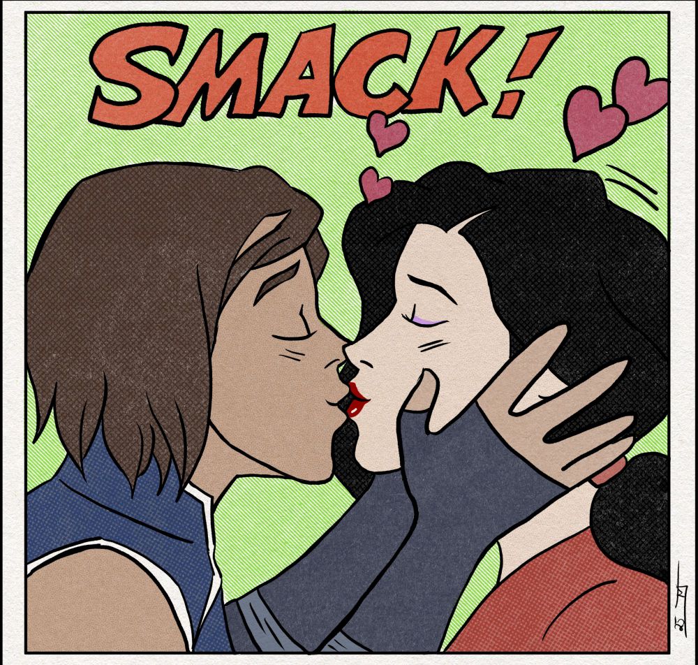 Vintage comic panel look-a-like of Korrasami kissing