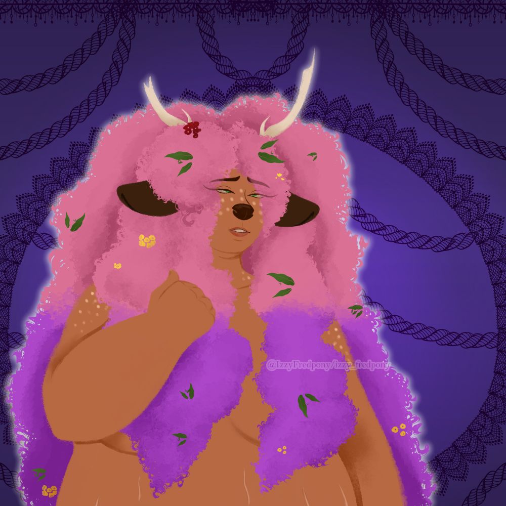 A half body lineless illustration of a faun woman. She has a curvy body type, visible stretch marks on her belly, and brown skin. She doesn't wear a top, but her long curly hair covers her chest. Her hair is pink, then turns to purple halfway down. Yellow and red flowers, as well as green leaves, are scattered in her hair. Her brown deer ears and thin antlers poke out from beneath her hair. She wears a sort of shy expression, one arm raised to her chest. The background is a purple gradient, with lace patterns.