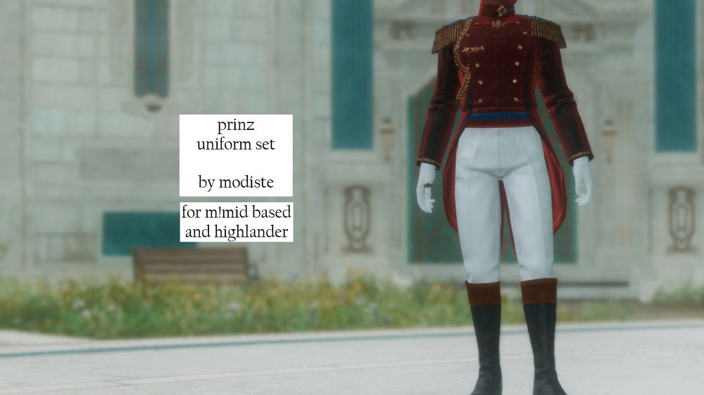 A man stands in a red and blue uniform with white gloves, white pants, and black and brown riding boots.

Text: Prinz, uniform set by Modiste. For M Mid based and Highlander