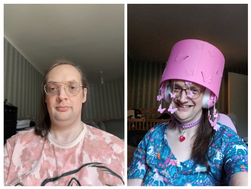 Side by side photos of me. In both I am sat down facing the camera. In the first photo I am square onto the camera while in the other I am at a slight angle making a better photo pose.

In the first photo, from one year ago, I am wearing a pink and white blotched t-shirt with a line drawn lion king motif, which is mostly off the bottom and unseen; I am making a straight face showing no emotion; my hair is loose and swept over my left shoulder; my glasses are huge and very circular, and not very becoming.

In the second photo, from two days ago, I am wearing a blue dress with a colourful unicorn pattern; I'm also wearing my blue and pink collar made of paracord, which has a red heart attached to and hanging from a ring at the front; my glasses look *much* better; I have a huge smiling grin showing lots of joy; I am wearing pink razer hello kitty headphones, and have a pink lampshade with butterflies hanging down stuck on my head like it's a hat.