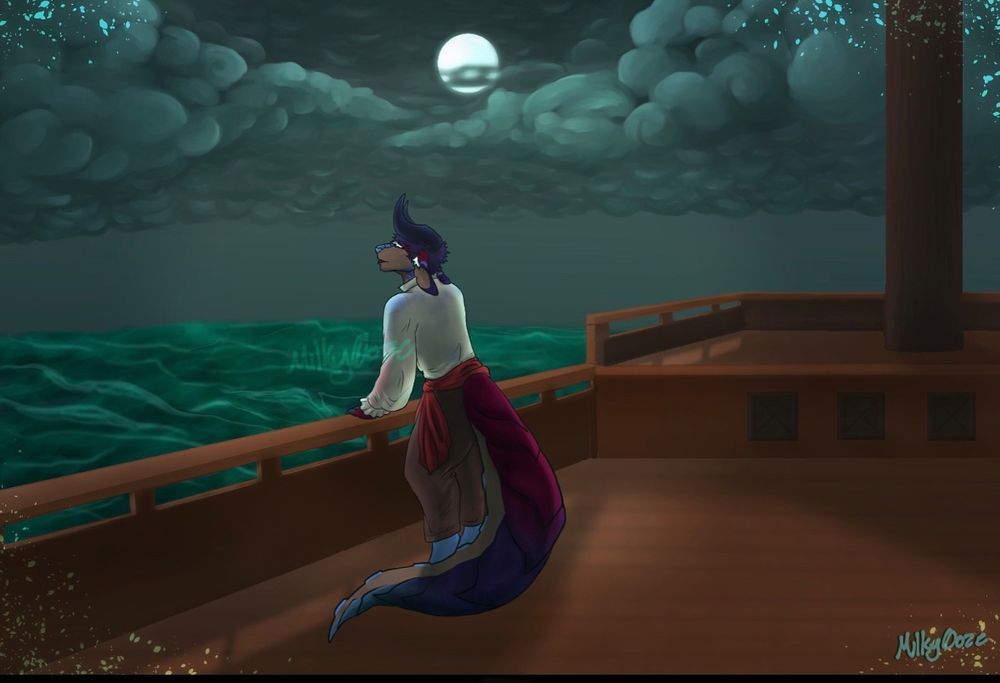 A symprite (Cal) looking off from the deck of a ship, basking in the moonlight on a cloudy night.