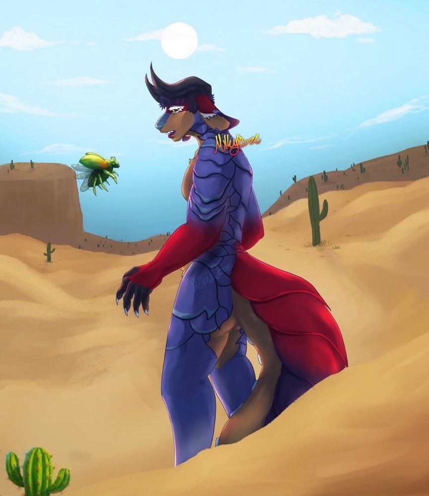 A symprite (Cal) standing in the middle of a desert, stepping back in surprise as a beetle flys toward him.