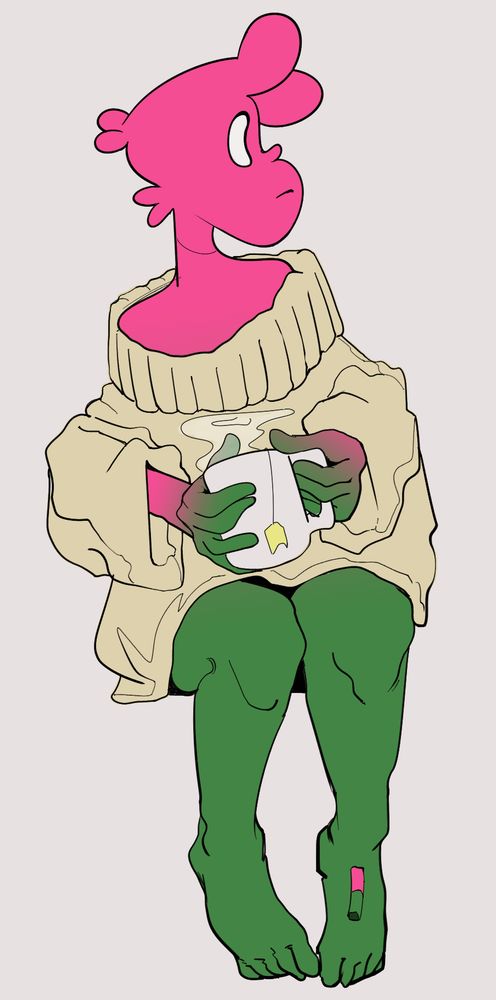 Gem OC Bi-Di with no pant and a puffy and comfortable sweater while holding a steaming cup of tea  