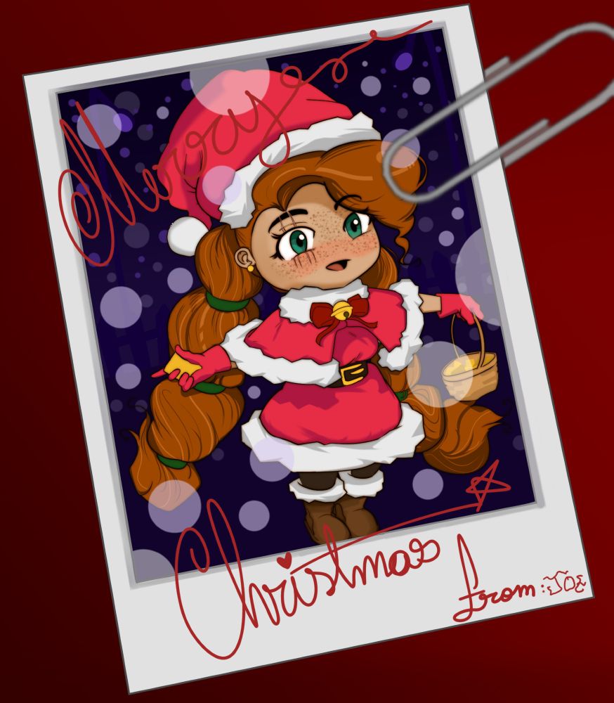 a polaroid of a chibi version of Anna in the snow as The Little Match Girl with a text saying "Merry Christmas"