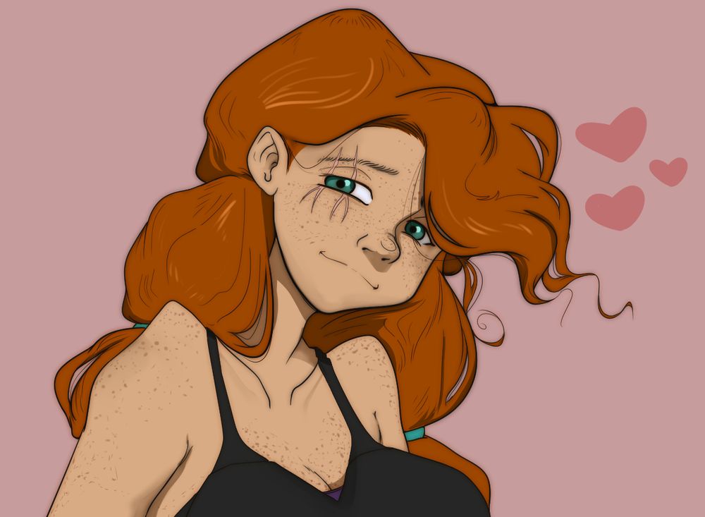 Head shot of Anna's features, she's got 4 scars in her right blue eye and loads of cute freckles while her hair is blowing in the wind