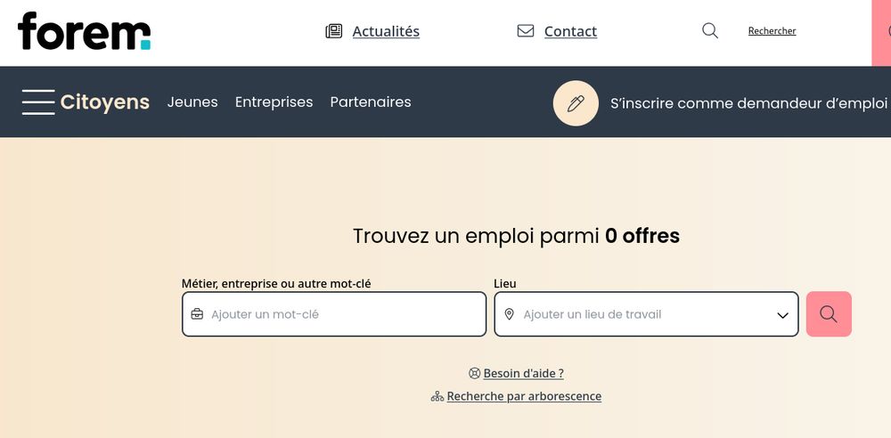 Le site du forem indique "Trouvez un emploi parmi 0 offres"