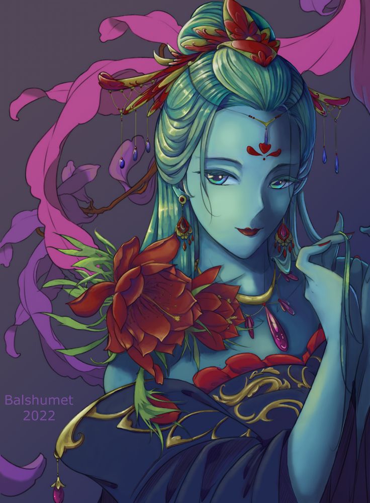 A blue skinned, green haired woman stands on the right side of the image. She is drawn from the waist up. She is wearing gold and red hairpins with blue jewel dangling from the ends. Her off-the-shoulder dress is dark blue with red and gold accents. On her left shoulder are two large red flowers with green leaves. In the background are pink and purple flower petals.